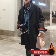 秋冬款風(fēng)衣男毛呢大衣中長款韓版潮流加厚寬松大碼青少年帥氣男士呢子外套 黑色 L（尺碼偏大）