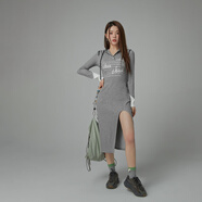 CHUU字母開(kāi)叉連衣裙女士2025夏季新品連帽撞色洋氣百搭中長(zhǎng)裙子 灰色 均碼