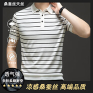 黎依奴（LISLAVE）商務(wù)經(jīng)典條紋POLO衫2024夏季涼感新款蠶絲翻領(lǐng)短袖T恤男休閑上衣 白色 XL
