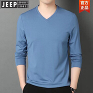 JEEP SPIRITV領(lǐng)桑蠶絲長(zhǎng)袖t恤男莫代爾男裝春秋季雞心領(lǐng)體恤純色內(nèi)搭打底衫潮 V領(lǐng) 霧藍(lán) 185/XXL