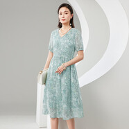 亦朵碎花真絲喬其紗連衣裙女小個(gè)子桑蠶絲裙子夏 天水碧 L