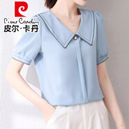 皮爾卡丹（pierre cardin）300斤胖mm夏季雪紡衫短袖女裝夏裝新款韓版娃娃領(lǐng)上衣遮肚子小衫 藍(lán)色 M 建議100斤左右