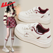 回力（Warrior）官方小白鞋女鞋秋季板鞋女士低幫餅干鞋皮面休閑鞋子女 米紅 37