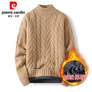 皮爾卡丹（pierre cardin）2024扭花麻花手工編織的仿毛衣男士冬季加絨加厚打底針織衫線(xiàn)衣 1125卡其/ 加絨 M 適合90-105斤
