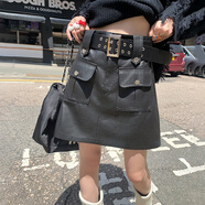 HERAGAIA黑色皮短裙女小個(gè)子高腰辣妹短款a字百褶皮裙2025春秋pu半身包裙 黑色短裙(送腰帶)9926 XL
