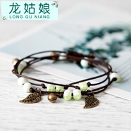 龍姑娘青歌景德鎮原創(chuàng  )文藝森系民族風(fēng)鈴鐺葉子 復古編織多層陶瓷手鏈 女 裂紋釉綠色