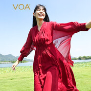 VOA真絲提花酒紅V領(lǐng)披肩式設(shè)計塔克褶腰線裝飾古風(fēng)淑女連衣裙 AE2331 落霞紅（H02） XL