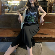 諾兮紗純棉連衣裙女t恤無袖開叉寬松韓版背心裙休閑懶惰風(fēng)長裙 黑色 M