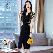 衣典零一連衣裙2020夏裝新款夏季女裝時(shí)尚氣質(zhì)韓版修身顯瘦女士小個(gè)子V領(lǐng)短袖連衣裙中長款夏天包臀裙子 黃色 L