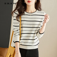 SRSW 長(cháng)袖T恤女春秋新款時(shí)尚條紋針織打底衫通勤百搭內搭韓版上衣潮T 白色 M 建議85-100斤