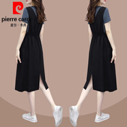 皮爾卡丹（pierre cardin）歐洲站夏季2024年新款中長(cháng)寬松顯瘦假兩件背帶裙時(shí)尚休閑連衣裙女 灰色 2XL(建議130斤-145斤)
