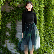 S.DEER圣迪奧女裝春裝高領(lǐng)收腰字母印花網(wǎng)紗長(cháng)袖連衣裙S22181211 黑色/91 M 165