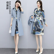 佰藍(lán)嬌 兩件套套裝裙2022春裝新款春季時尚氣質(zhì)女裝套裝春秋遮肚子顯瘦女士長袖風(fēng)衣連衣裙中長款裙子 藍(lán)色 L