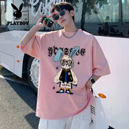 花花公子（PLAYBOY）純棉短袖t恤男孩夏季12-15歲初高中學生13半袖14青少年大童上衣服 WT219粉紅色  M(100-110斤左右)
