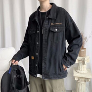 楠馨妤港味文藝男春秋季新款破洞牛仔外套男士韓版寬松淺色上衣潮流學院風青少年學生牛仔夾克外套男 TC101黑色 3XL