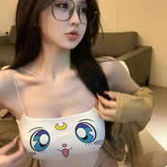 奈久留美辣妹吊帶內(nèi)搭上衣背心女打底純欲風(fēng)甜辣小心機性感短款露臍外穿 白色卡通月亮大藍眼睛 S碼 96-102斤