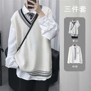 ARPGNHN四件套DK制服jk毛衣套裝男學院風V領馬甲背心針織衫襯衫情 3件裝[白馬甲+白襯衫+領帶] L_[優(yōu)質面料]