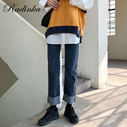 Radinka2025秋冬新款復(fù)古高腰直筒卷邊牛仔褲女彈力顯瘦長(zhǎng)褲韓版潮流褲子 復(fù)古藍(lán) S