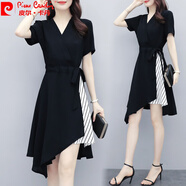 皮爾卡丹（pierre cardin）加碼女裝2024年夏季新款溦胖裙子顯瘦V領(lǐng)氣質(zhì)洋氣連衣裙針織 黑色【顯瘦遮肉/梨形身材穿搭/獨 L (建議100-115斤)