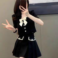 QVNL通勤西裝連衣裙氣質(zhì)高級(jí)感夏季韓式黑色小香風(fēng)蝴蝶結(jié)短款套裝上衣 黑色 M 95-105