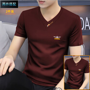 梵登諾（FANDENGNUO）夏季v領男士修身短袖t恤莫代爾體恤衫新款潮流半袖原創(chuàng)上衣服裝 酒紅+酒紅 2XL【150-165斤】