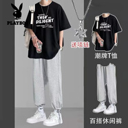 花花公子（PLAYBOY）純棉短袖T恤男休閑套裝夏季男港風(fēng)ins潮流學(xué)生九分褲一套衣服男潮 英文字母黑色+抽繩褲灰+項鏈 XL 125-140斤