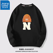 真維斯（JEANSWEST）衛(wèi)衣男女款2025重磅外套寬松加大碼休閑風衛(wèi)衣青少年情侶學生上衣 黑色（橘帽英文） XL (推薦體重130斤-150斤左右)