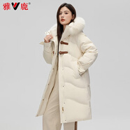 雅鹿新款羽絨服女狐貍毛大毛領長款過膝時尚寬松韓版加厚連帽冬季外套 米色 M