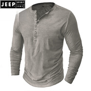 JEEP SPIRIT歐美男士仿舊亨利衫復(fù)古長袖T恤大碼男裝紐扣水洗做舊打底衫上衣 淺灰色 XL （170-190斤）