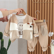 圓圓米米男童春款套裝男女寶寶純棉兩件套夏季衣服嬰兒童裝1-3歲4秋裝洋氣 KN24107小狗豎條三件套卡其色 90 碼適合80-85cm約1-2歲