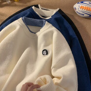 肆緘港仔文藝男日系復古假兩件毛衣男秋冬潮流圓領(lǐng)針織衫寬松毛線(xiàn)衣 杏色 XL