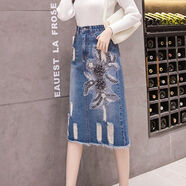 尹振天中長(cháng)款破洞繡花牛仔裙女2023秋季高腰a字裙包臀半身裙子 藍色 S