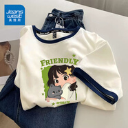 真維斯（JEANSWEST）短袖t恤女夏季新款純棉女裝上衣服撞色寬松ins風小個子女生半袖衫 米藏青 抱貓女孩 L