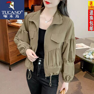啄木鳥短款外套女洋氣長袖外套女23春裝新款韓版寬松顯瘦復(fù)古夾克 軍綠色 L【建議105-115斤】