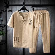 花花公子（PLAYBOY）亞麻套裝男款冰絲短袖t恤中式男裝中國風(fēng)唐裝年輕棉麻爸爸裝 TZ015卡其色 2XL 適合135至150斤