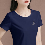 短袖女2025夏季新款修身顯瘦繡花女士上衣韓版圓領(lǐng)棉休閑白色t恤 8220321款寶藍 XL 建議110-120斤