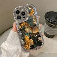 桐汝壁蘋果16手機殼進口軟硅膠電鍍鎏金大蝴蝶鏈條適用蘋果15promax手機殼新款iPhone14 電鍍曲邊紋-電鍍銀-鎏金大蝴蝶 iPhone15