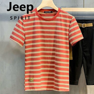 JEEP SPIRIT023夏季新款橫條紋短袖T恤男棉質(zhì)吸汗圓領(lǐng)體恤男裝水洗半袖上衣 紅色 XL