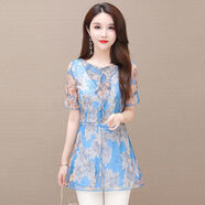 上衣女2022夏裝新款中長(cháng)款印花時(shí)尚小衫短袖收腰遮肚子打底衫SN0006 333#藍色 L 【建議-110斤】