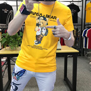 NPZ 港系潮牌夏季潮流印花小熊男士休閑短袖t恤修身大碼絲光棉體恤男 黃色 L