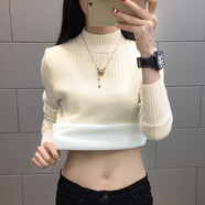 KJ保暖內(nèi)衣新款半高領(lǐng)保暖上衣女士毛衣秋冬季加絨加厚打底保暖衣女 加絨米白色（純色袖） M