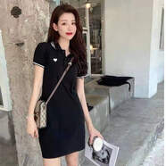 呦魅學(xué)院風(fēng)POLO領(lǐng)連衣裙女夏季短袖新款小個(gè)子休閑收腰裙運動(dòng)T恤裙 黑色 XL 建議116-125斤