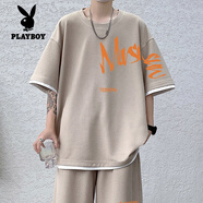 花花公子（PLAYBOY）短袖T恤男套裝男2025夏季新款美式休閑短褲兩件套情侶居家寬松潮 TZ023上衣杏色 XL