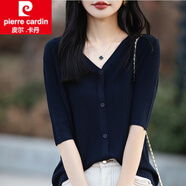 皮爾卡丹（pierre cardin）清爽冰絲防曬針織開(kāi)衫女短袖V領(lǐng)夏季薄款半袖外搭曲珠空調衫上衣 藏藍色 L 100-120
