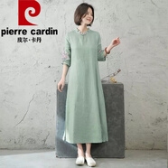 皮爾卡丹（pierre cardin）文藝復古民族風(fēng)上衣女刺繡花棉麻連衣裙盤(pán)扣立領(lǐng)五分袖連衣裙女裝 綠色 4XL 155-170斤