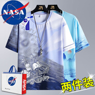 NASA RHUDE夏季短袖潮流打底衫男寬松T恤圓領(lǐng)半袖夏天衣服男冰絲t恤男夏裝 T81淺紫+T82天藍 2XL 135-155斤