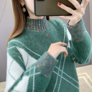 記述保暖毛衣女春秋新款針織毛衣寬松減齡撞色打底上衣 3066綠色 M #(建議85-105斤)