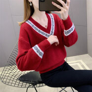 茲奈兒秋冬女裝V領(lǐng)針織衫女上衣女新款長袖套頭韓版毛衣女寬松外穿時尚百搭打底衫女FF7975 酒紅色 M