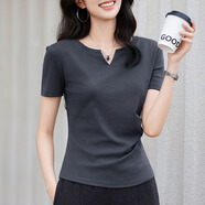 蜜莎蜜拉（Mirza Mirror）2025夏季新款小V領(lǐng)短袖t恤女小眾純色抽褶不規(guī)則收腰上衣別致小衫 灰色 M