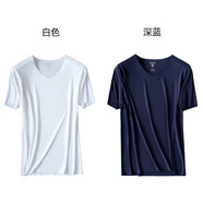 【2件裝】22年夏天新款日本milmumu薄款v領(lǐng)t桖男裝冰爽半袖簡約絲滑冰絲修身純色短袖黑白灰藍(lán)色 【換洗方便】白色+深藍(lán) 2件裝 L